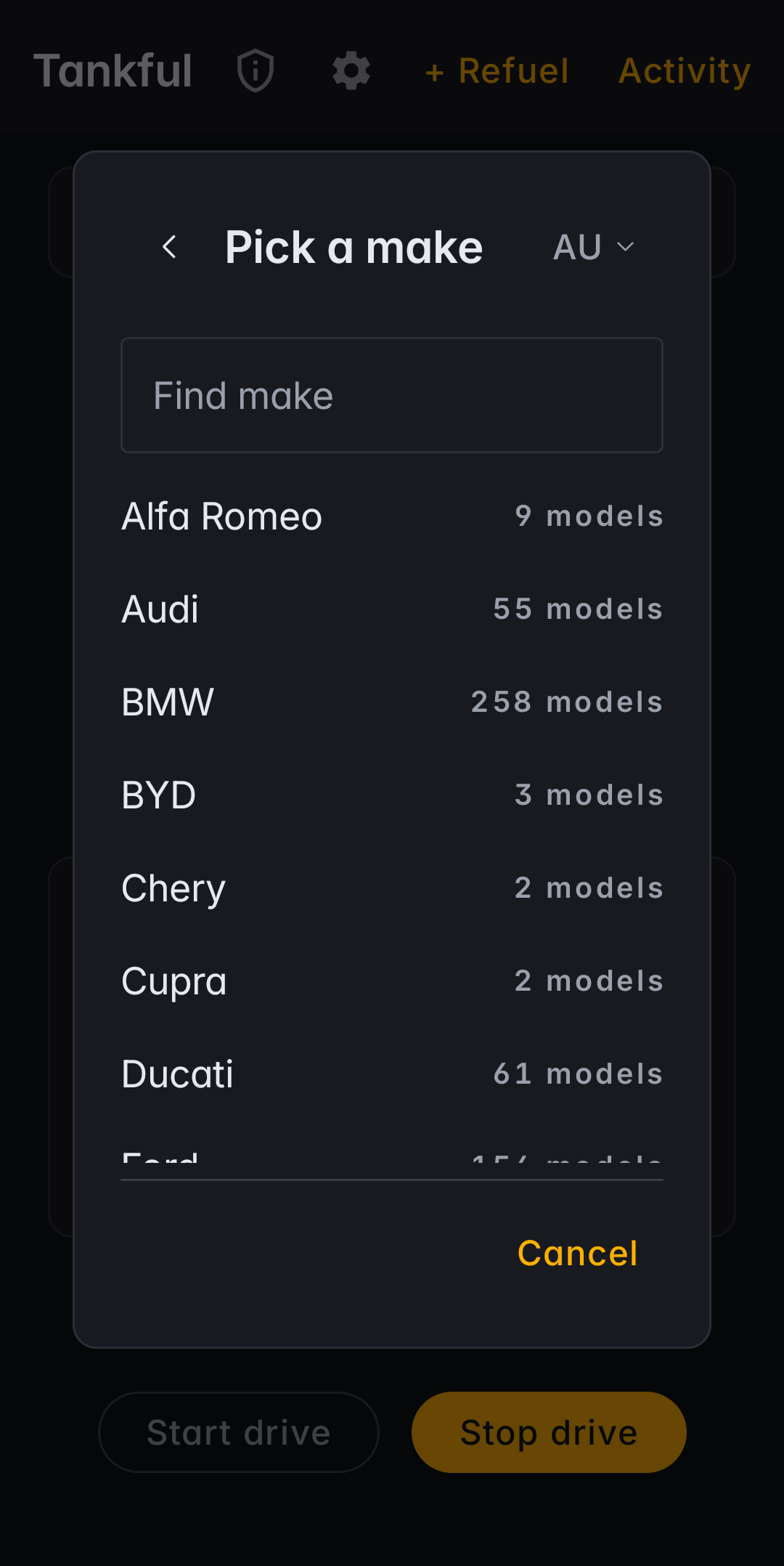 Tankful vehicle picker choosing a car make from the catalogue